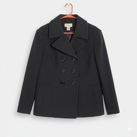 St. John's Bay PXL Petite XL Black Pea Coat Double Breasted Wool Blend Warm Jack - Picture 1 of 13